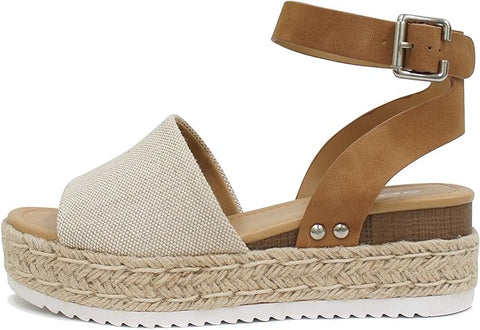 Soda Topic Beige/Canvas Tan Espadrilles Ankle Strap Studded Wedge Heeled Sandals