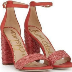 Sam Edelman Yoana Coral Raffia Leather Ankle Strap High Heel Block Heel Sandals