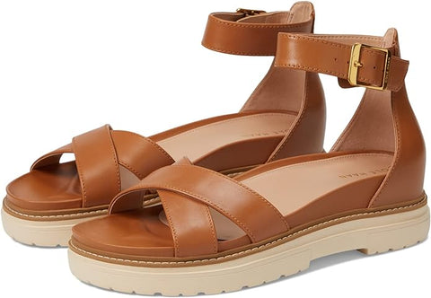 Cole Haan Fraya Pecan Leather Ankle Strap Open Rounded Toe Chunky Heel Sandals