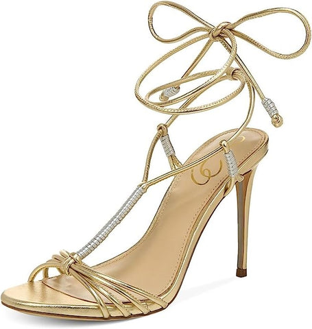 Sam Edelman Safiya Gold Silver Open Toe T-Strap Ankle Lace Up Stiletto Sandals