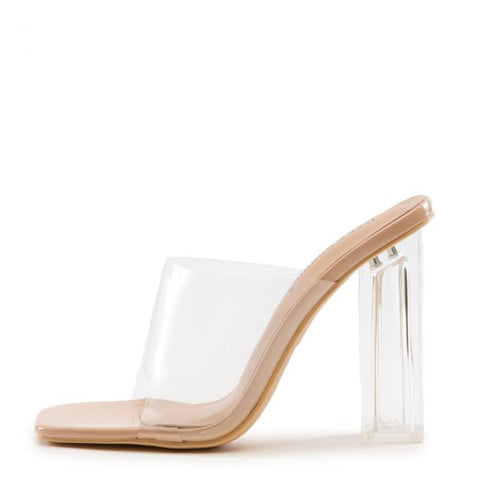 Cape Robbin Edna Clear Chunky Block High Square Open Toe Heels Sandals Nude