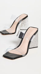 Schutz Ariellen Black Open Toe Translucent Strap Triangle High Block Heel Sandal