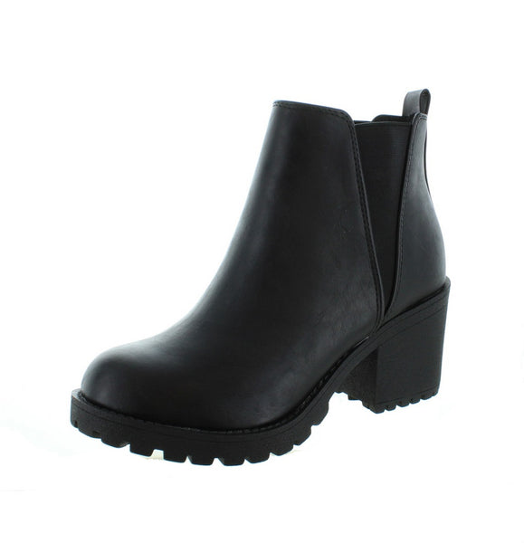 Soda Origami Black Pu Block Heel Pull On Rounded Toe Combat Ankle Boots