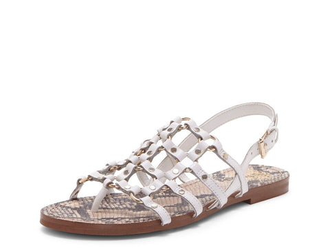Vince Camuto Richintie Crisp White Leather Embellished Caged Strappy Flat Sandal