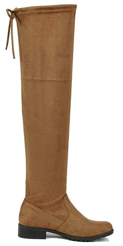 Forever Link Jalen-H4 Tan OTK High Lace Up Chunky Flat Fitted Taup[e Suede Boots