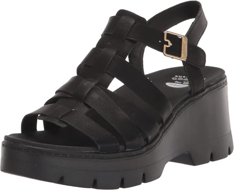 Dr. Scholl's Check It Out Black Smooth Ankle Strap Open Toe Wedge Heel Sandals