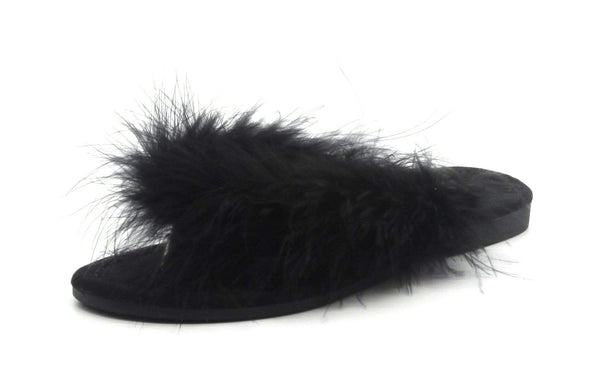 Cape Robbin Gale Black Feather Furry Flat Thong Flip Flop Fashion Slide Sandals