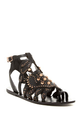 Ivy Kirzhner Scrabby Black Leather Gold Embellished Gladiator Flat Designer Sandals