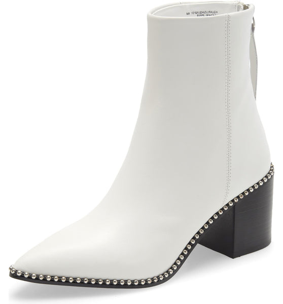 Steve Madden Aquarius White Leather Block Heel Pointed Toe Studded Ankle Boot