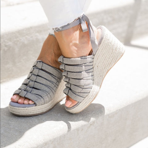 Cecelia New York Serena Off Denim Faded Jeans Espadrille Wedge Platform Sandals