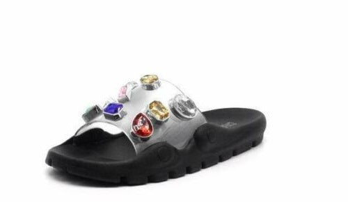 Cape Robbin Black Jeweled Silver Vamp Summer Slide Sandals