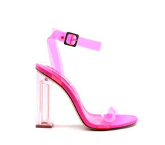 Cape Robbin Reality Neon Pink Strappy Clear Lucite Block High Heel Sandals