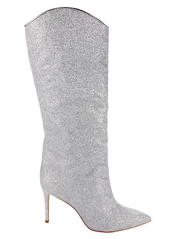 Schutz Maryana Glow Metallic Silver Pointed Toe Mid Stiletto Heel High Knee Boot