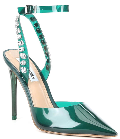 Steve Madden Vary Alessi Green Pointed Toe Ankle Strap Rhinestone Bridal Pumps