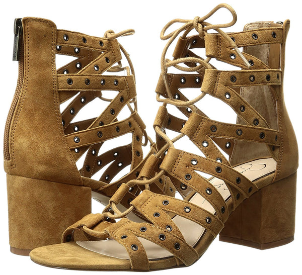 Jessica Simpson Haize Honey Brown Suede Block Heel Ankle Grommet Caged Sandals