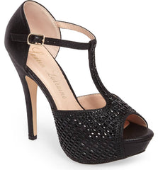Lauren Lorraine Vivian Black Crystal Embellished T-Strap High Heel Pump Sandal