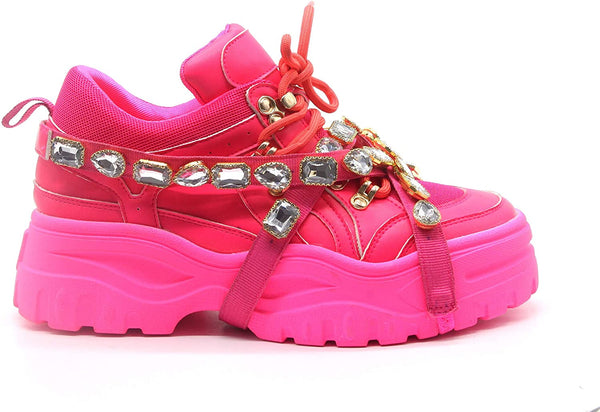 Cape Robbin CHUNK FEVER Neon Pink Mesh Jewel Straps Lug Sole Fashion Sneaker