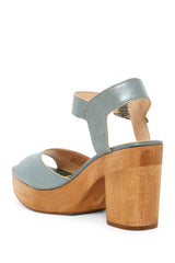 Kelsi Dagger Front Blue Platform Sandals Leather Open Toe Clog Wood Block Heel