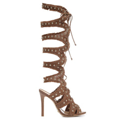 Schutz Nini Tan Cut-Out Knee-High Lace-Up Gold Studded Fringe Stiletto Sandals