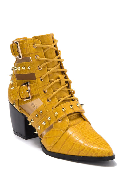 Cape Robbin Claws Yellow Textured Studded Cutout Two Buckle Bootie (8, Yellow)