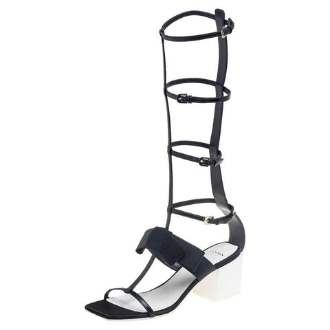 Lanvin Paris Gladiator Black White Block Heel Premium Leather Open Toe Sandals