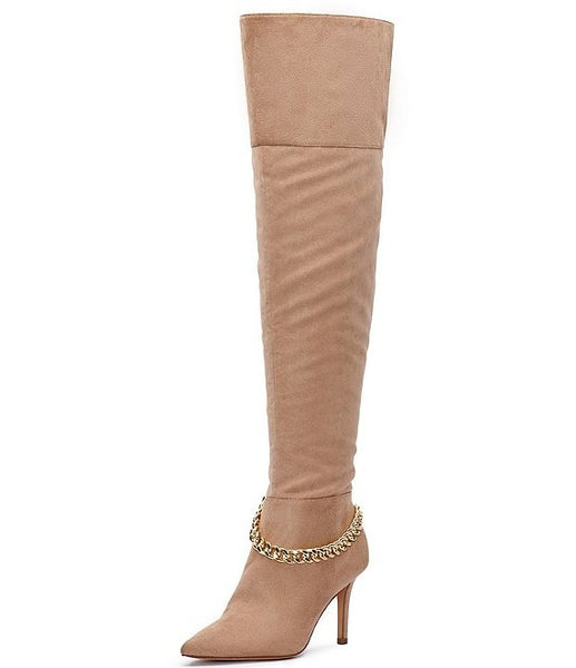 Jessica Simpson Ammira Chain Detail Over Knee Stiletto Heel Boots Taupe Suede