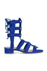 Schutz Rae Klein Royal Blue Nubuck Studded Flat Tie Back Gladiator Sandals