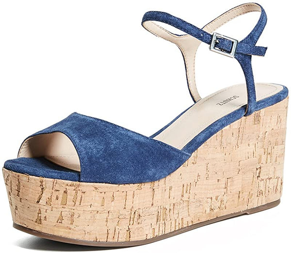 Schutz Heloise Dress Blue Suede Peep Toe Platform Flatform Wedge Sandals