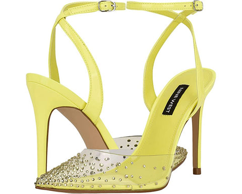 Nine West Foreva 3 Clear/Neon Yellow Slip On Pointed Closed Toe Embellished Detailed Pump