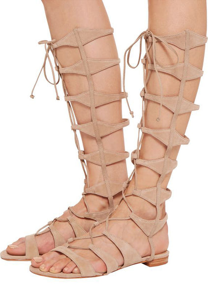 Schutz Shyla Tanino Nude Nubuck Lace Up Beige Suede Tall Gladiator Sandals