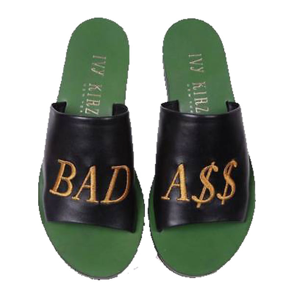 Ivy Kirzhner Quotes Bad AS# Badass Green Black Flat Slide Mule Slip On Sandals
