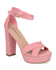 Breckelles Bella-43 Pink Suede Peep Toe Ankle Strap Platform Sandal (5.5)