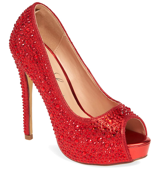 Lauren Lorraine Candy6 Red Glistening Peep Toe Tapered Heeled Sandals