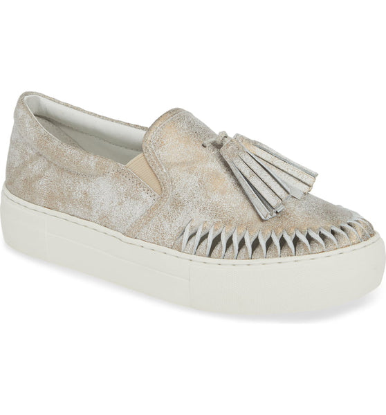 J Slides Aztec Bronze Metallic Leather Loafer Tassel White Platform Sneaker
