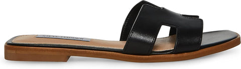 Steve Madden Hadyn Black Leather Cut-Out Slip On Open Toe Flat Slides Sandals