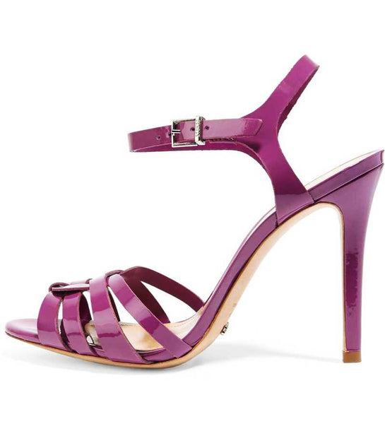 Schutz Gabrine Lolita Purple Patent Leather High Heel Single Sole Caged Sandals
