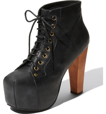 Jeffrey Campbell Lita Black Distressed Leather Wood Heel Platform Lace Up Boot