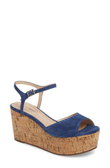Schutz Heloise Dress Blue Suede Peep Toe Platform Flatform Wedge Sandals