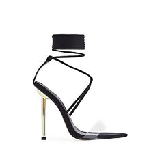 Luxemoda Nobu Black Lycra Clear Strap Pointed Toe Lace Up Stiletto Heeled Sandal