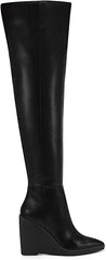 Jessica Simpson Cassida Black Leather Pointed Over Knee Thigh High Wedge Boot
