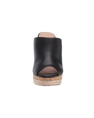 Charles David Azie Black Leather Open-Toe Platform Wedge High Heel Mule Sandals