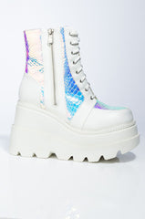 Cape Robbin Radio Holographic Platform Ankle Chunky Block Heels Boots White