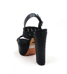 Schutz Kuka Textured Black Leather Open-Toe Ankle Buckle Platform Sandals (7.5, Black)