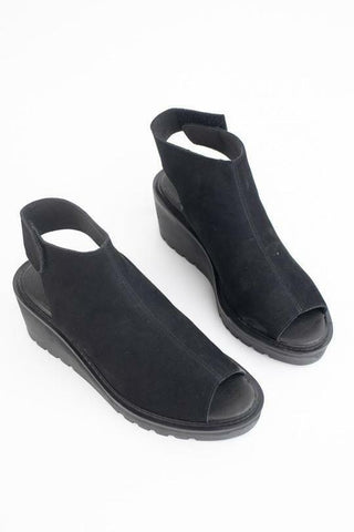 Cecelia New York Gianna Black Suede Peep Toe Ankle Strap Wedge Platform Sandals