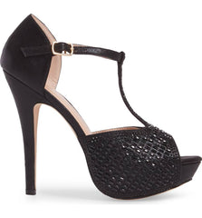 Lauren Lorraine Vivian Black Crystal Embellished T-Strap High Heel Pump Sandal