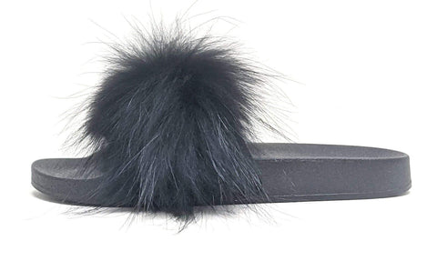 Liliana Nomi-17 Black Real Raccon Fur Slippers Slip On Slides Flat Mule