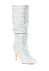 Lauren Lorraine Layzer Silver Slouchy Knee High Rhinestone Stiletto Heel Boots
