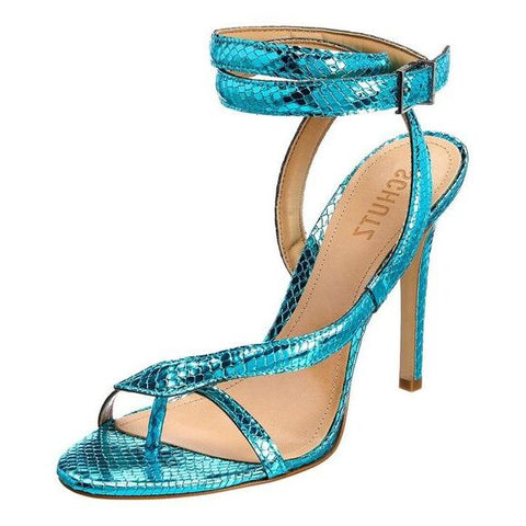 Schutz Courtney High Blue Snake Embossed Leather Buckle Ankle High Heel Sandals