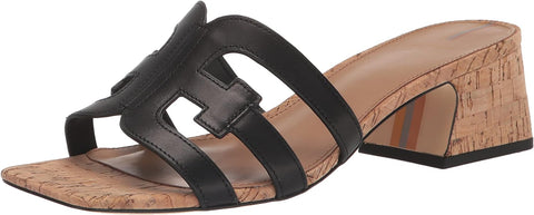 Sam Edelman Winslow Black Leather Squared Open Toe Slip On Block Heeled Sandals