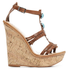 Schutz Doula Saddle Brown Cork Strappy Turquoise Blue High Heel Wedge Sandals
